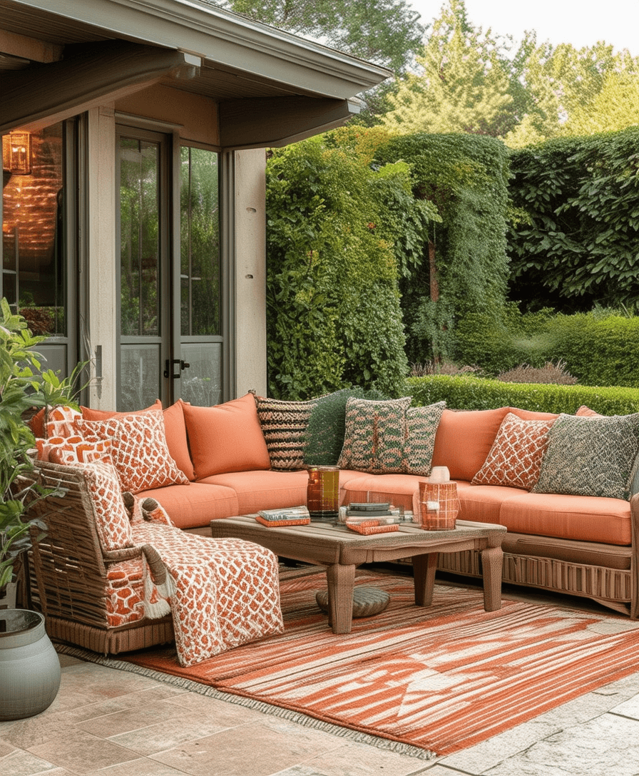 Outdoor patio with a muted salmon-orange and olive green color scheme, featuring patterned cushions and earthy decor for a cohesive home design