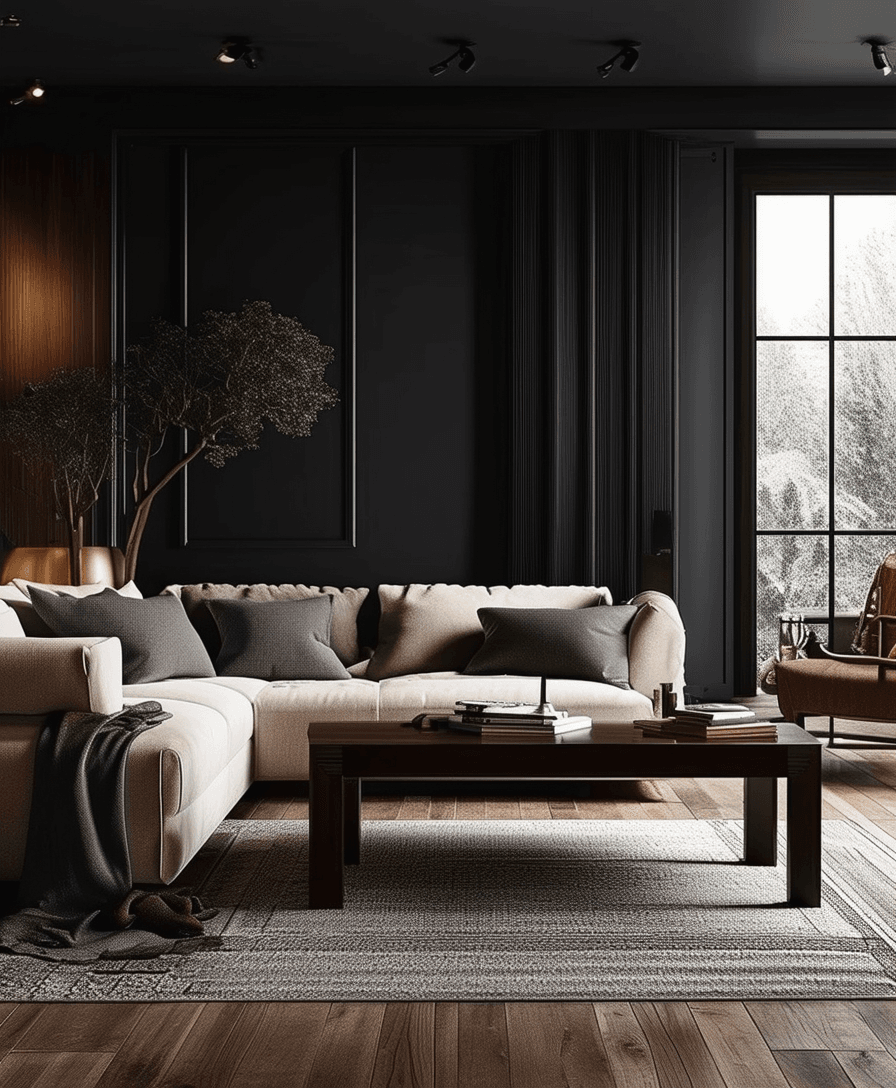 Moody living room with dark walls, plush furniture, warm lighting, and wood accents for a cozy and sophisticated interior design