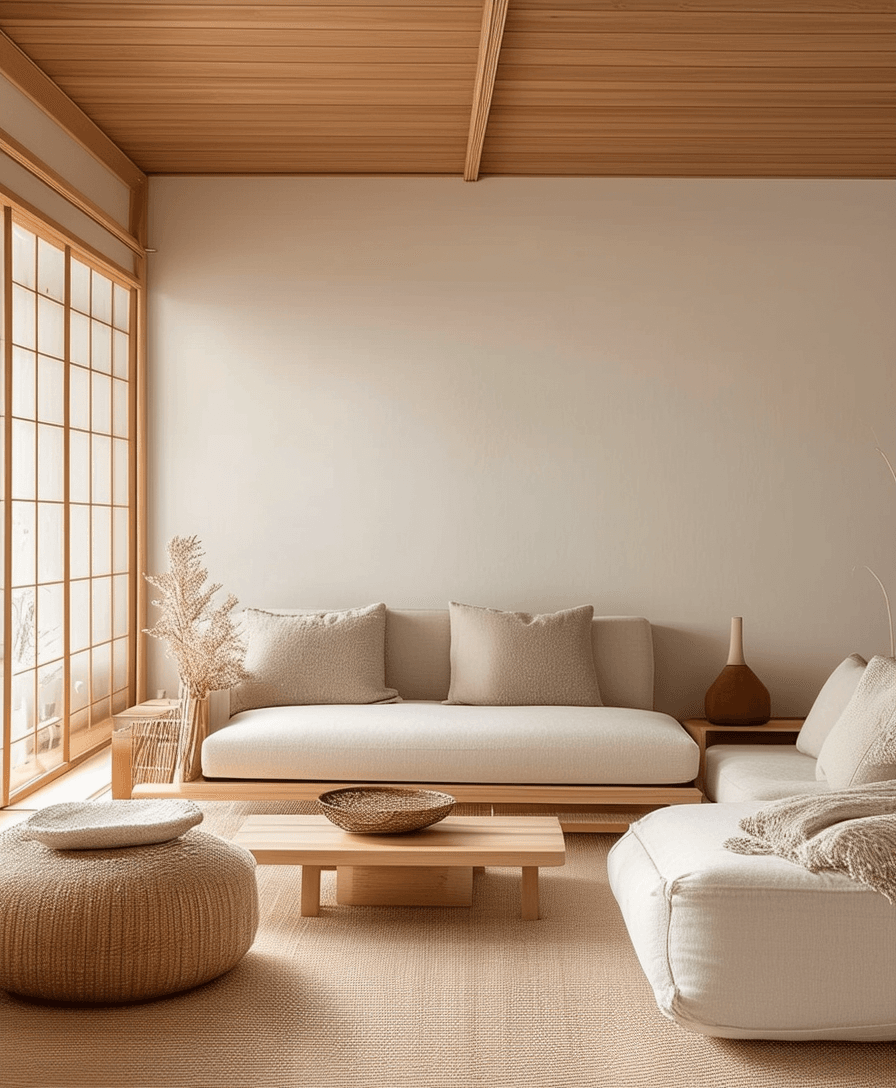 Minimalist Japandi-style living room with light wood furniture, neutral colors, and soft textiles creating a peaceful and cozy retreat