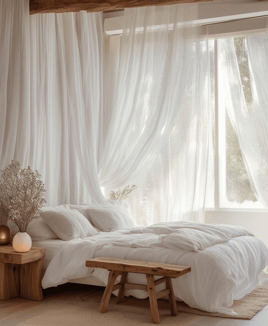 Light-filled bedroom with Feng Shui summer decor, flowing sheer curtains, soft linens, fresh flowers, and a peaceful energy-enhancing ambiance.