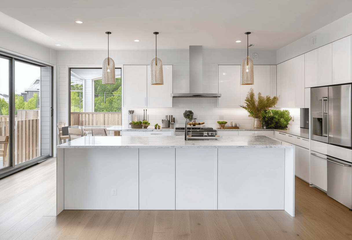 Bright modern kitchen with white walls, oak cabinetry, quartz countertops, and pendant lighting, creating a fresh and spacious feel that attracts home buyers