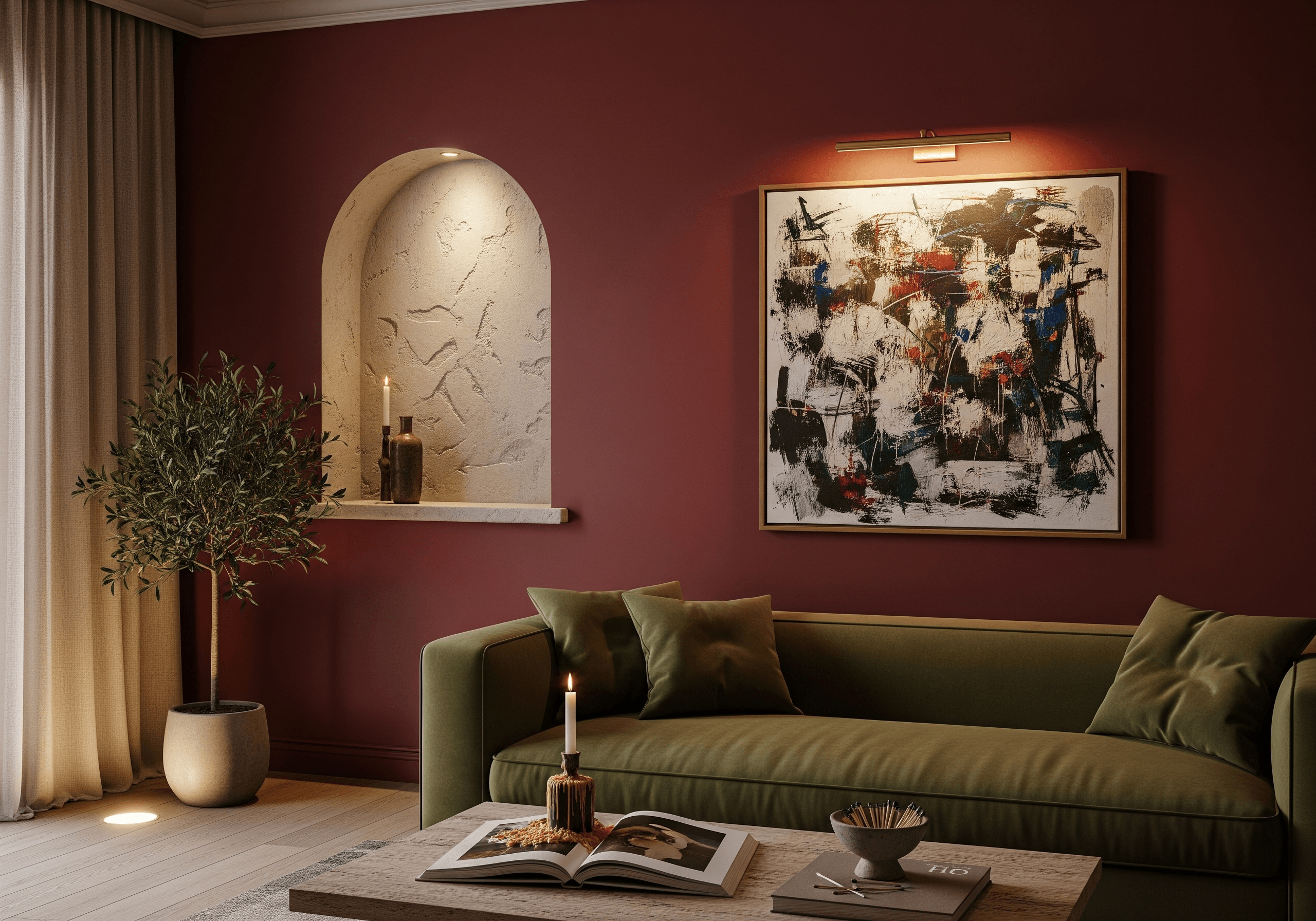 A brass picture light and subtle spots add accent lighting that highlights artwork and texture, demonstrating focal-point lighting in interior design.