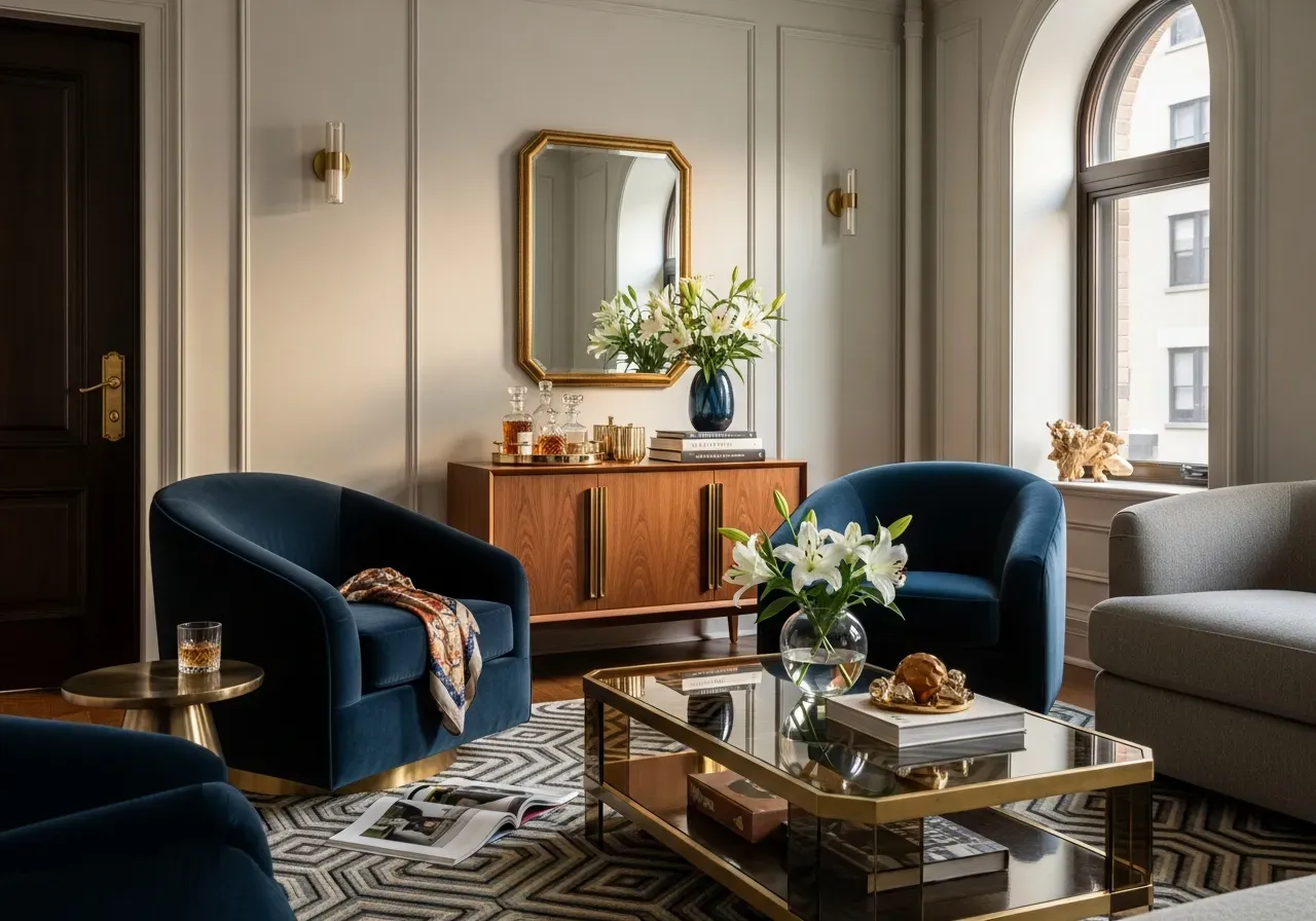 Elegant Art Deco living room with brass accents, navy velvet furniture, and geometric rug showing 2025 modern interior design trend.
