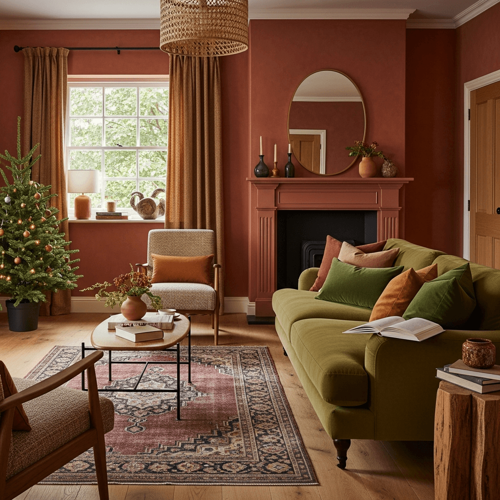Moody living room blending fall and winter décor with dried leaves, pumpkins, evergreen garlands, and a slim Christmas tree in rich earth-tone interiors.