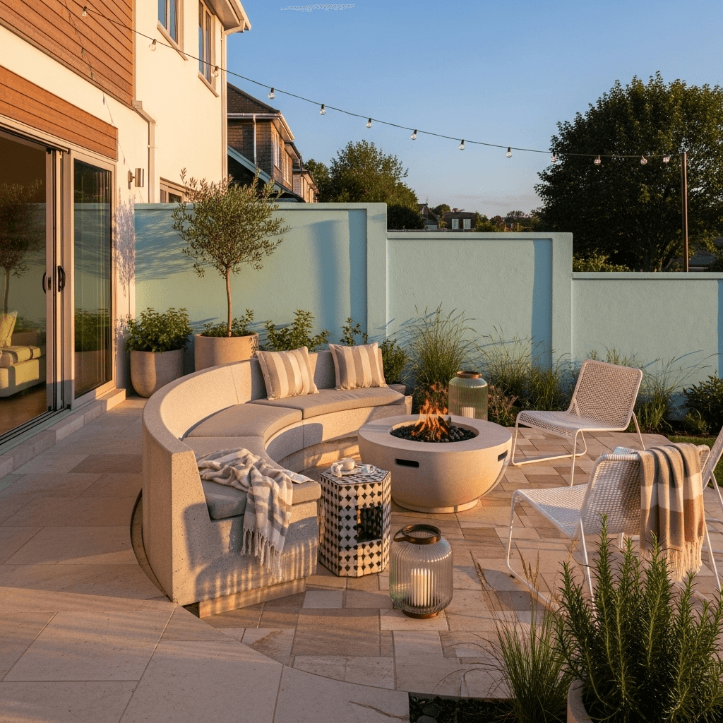 Curved limestone terrace with a low cast-stone fire pit, greige bench cushions, wicker chairs, and string lights—cozy backyard fire pit ideas for outdoor living.