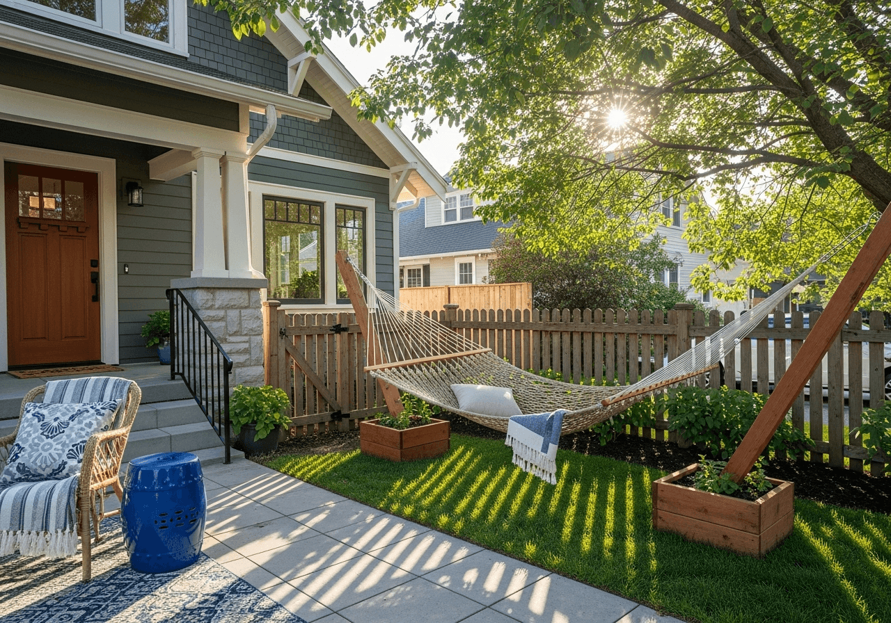 Small backyard with woven hammock near planting beds, deck tiles, and pastel accents—relaxed small backyard ideas that elevate a livable outdoor space.