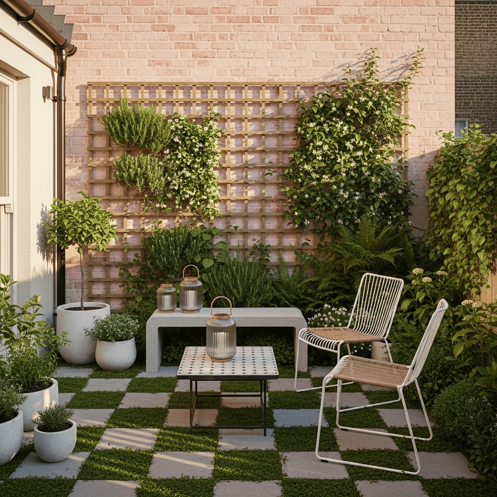 Townhouse yard with cedar trellis vertical garden behind compact seating, checker pavers, and soft grasses—vertical garden ideas for small backyards.
