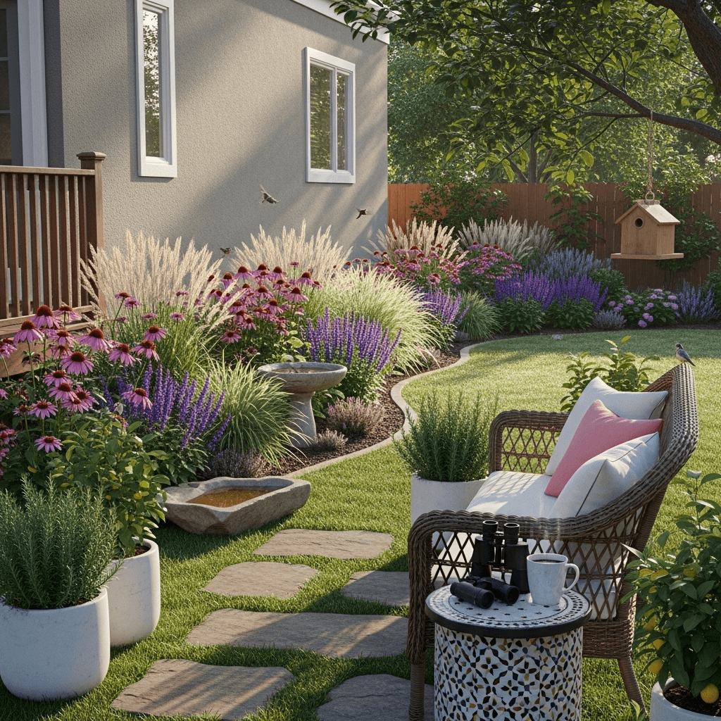 Native planting beds, shallow stone birdbath, and simple seating on a greige patio—bird-friendly backyard ideas that support wildlife and curb appeal.