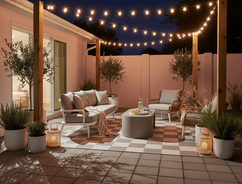 Deck and patio lounge framed by warm bistro string lights over wicker seating and checker rug—backyard string light ideas for cozy evenings.
