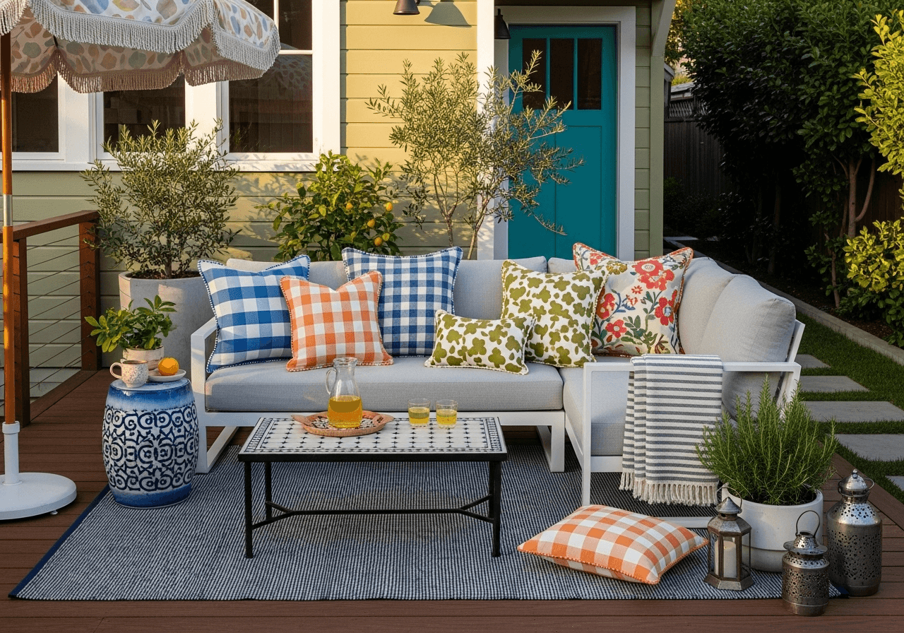 Outdoor sectional with mixed cabana stripe, gingham, and floral pillows in blush and greige—backyard decor ideas that add comfort and color.