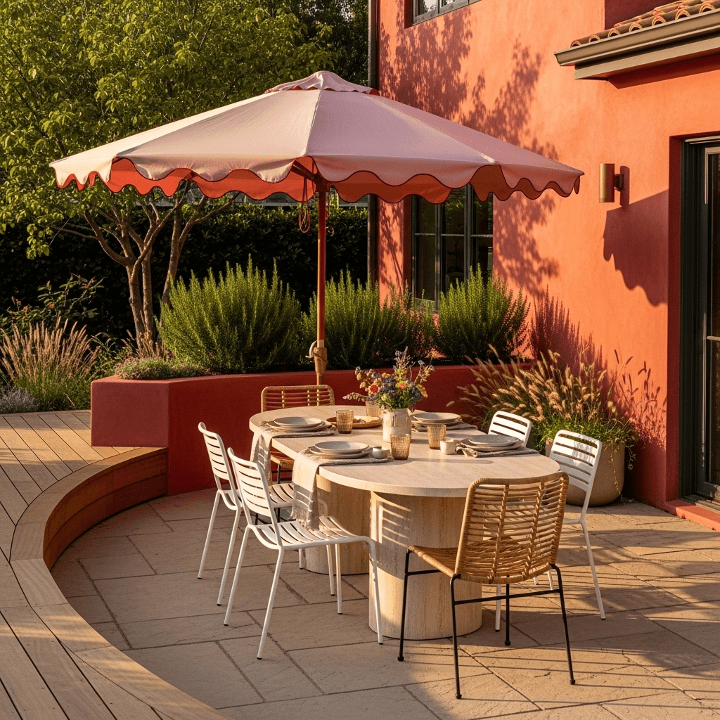 Curved dining terrace with scalloped blush umbrella over travertine table and wicker chairs—patio umbrella ideas to shade a stylish outdoor space.