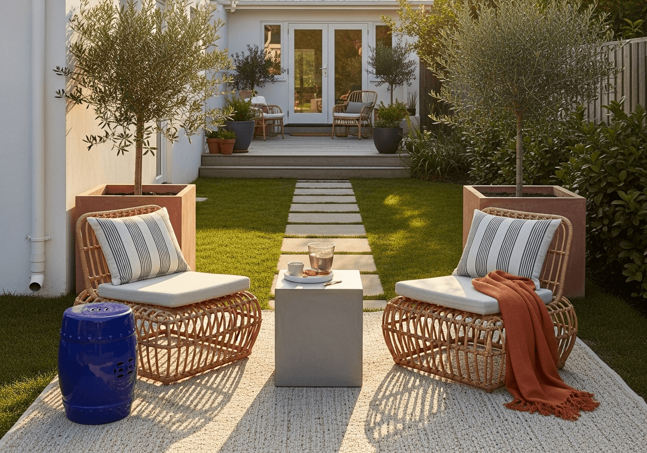 Simple garden deck with weatherproof wicker lounge chairs, white metal frames, and flatweave rug—woven outdoor furniture ideas for modern backyards.