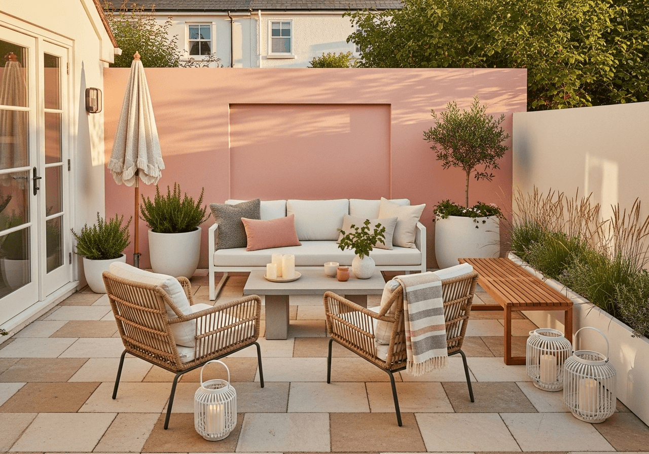 Pastel-pink feature wall, saffron and coral planters, patterned bench cushion, and checker path—colorful backyard decor ideas with a refined palette.