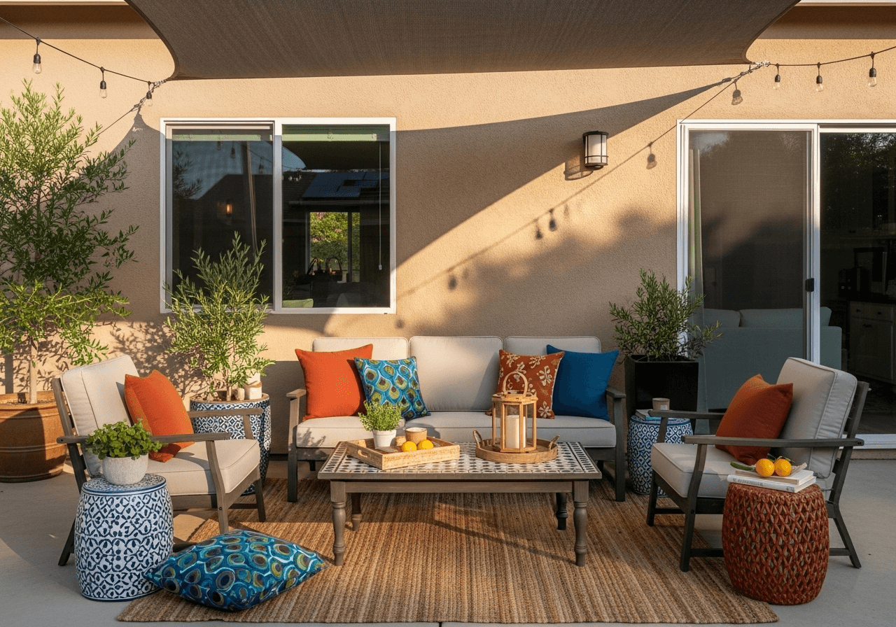 Complete patio living room with sofa, chairs, layered rugs, shade sail, and lanterns—outdoor living space ideas that feel like an interior.
