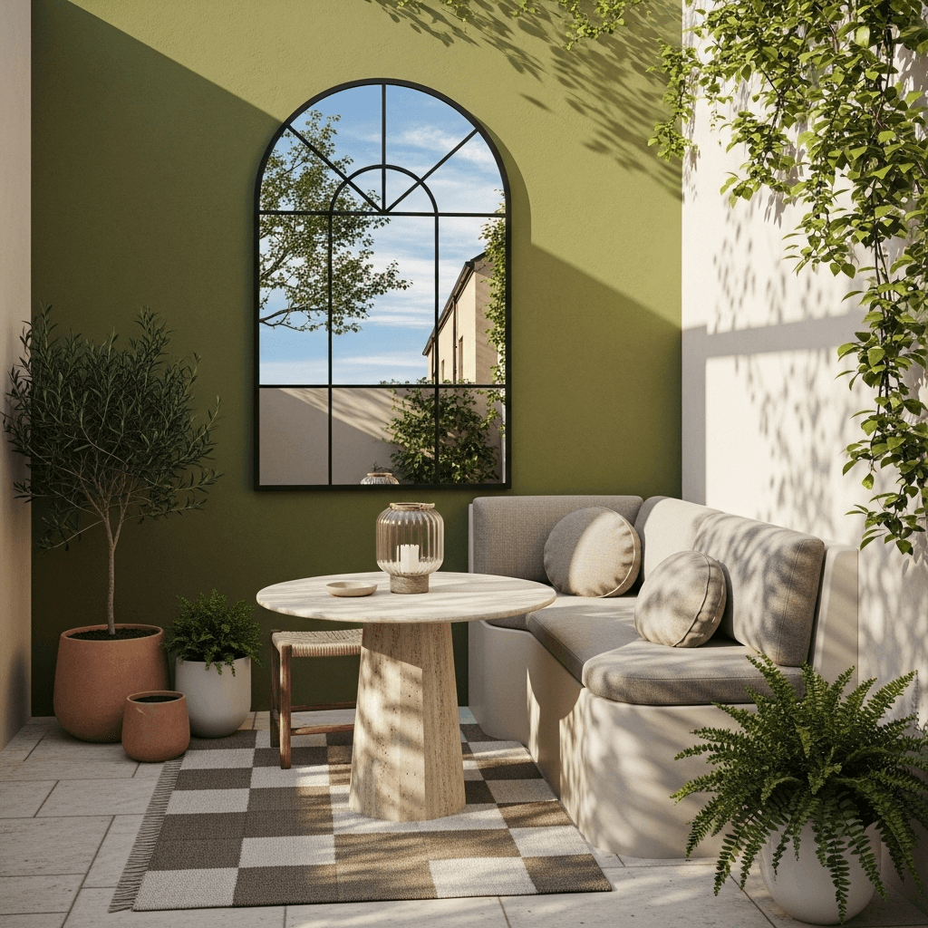 Narrow courtyard with arched metal mirror, curved banquette, and travertine table—outdoor mirror ideas to brighten and visually expand small backyards.