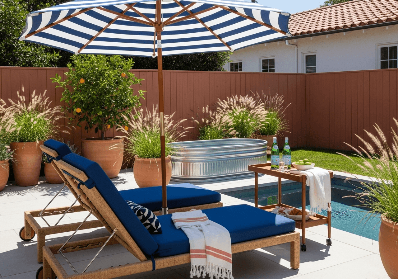 Two adjustable chaises beside a compact stock-tank plunge pool with striped umbrella—lounge chair ideas for sunny backyard relaxation.