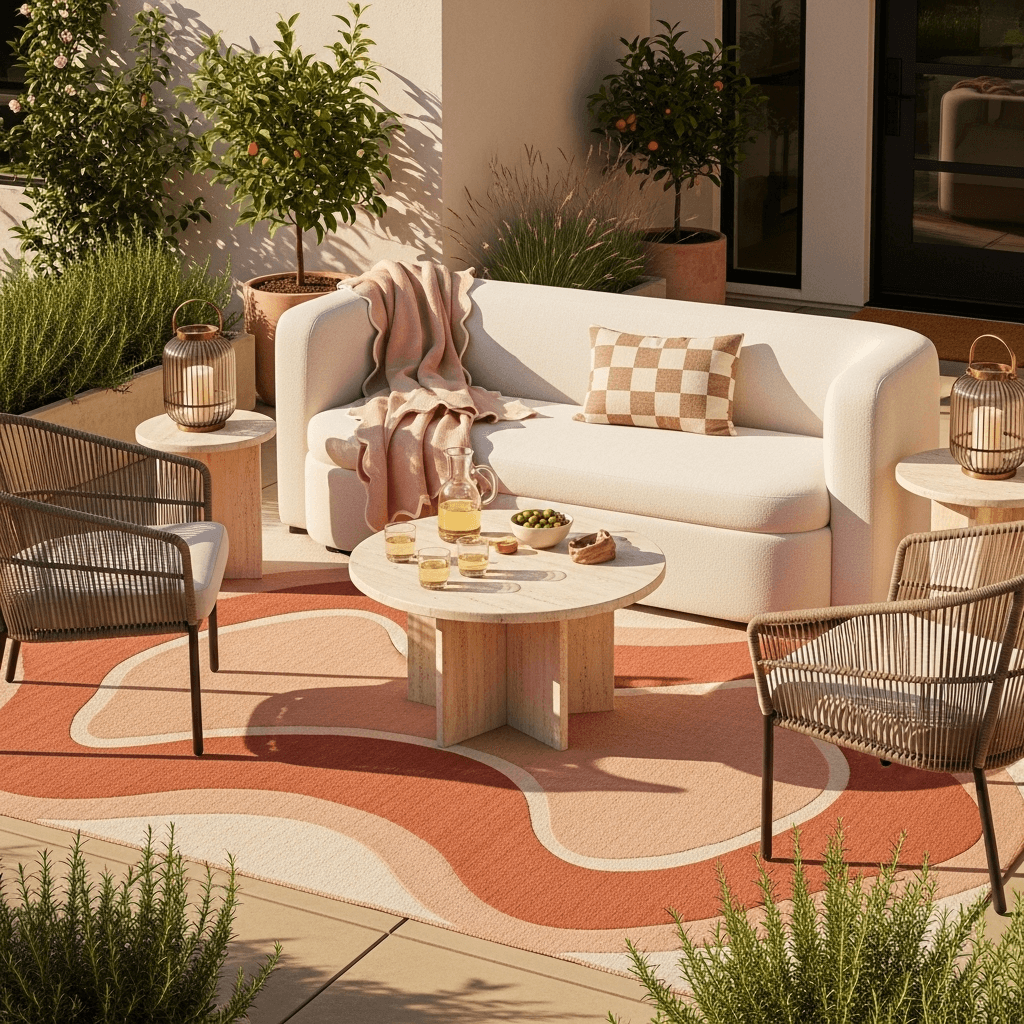 Conversation zone anchored by a bold striped or wavy-edge outdoor rug with coordinated seating—outdoor rug ideas that unify a patio.
