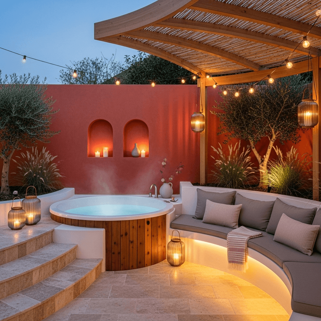 Curved micro-cement terrace with round cedar hot tub, arched niches, and reed pergola—backyard hot tub ideas for a natural, spa-like outdoor space.