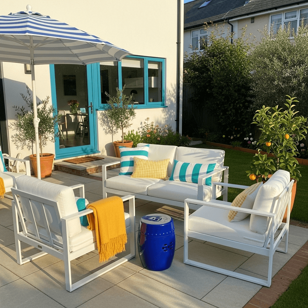White powder-coated lounge set with greige cushions, scalloped umbrella, and stone planters—white outdoor furniture ideas for a fresh backyard design.