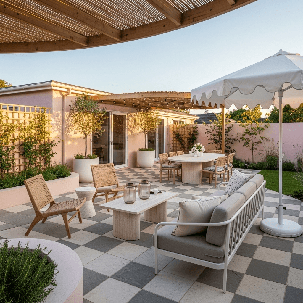 Pastel-pink limewashed backyard with curved pergola, checker stone pavers, wicker seating, and string lights—backyard decorating ideas for an inviting outdoor living space.