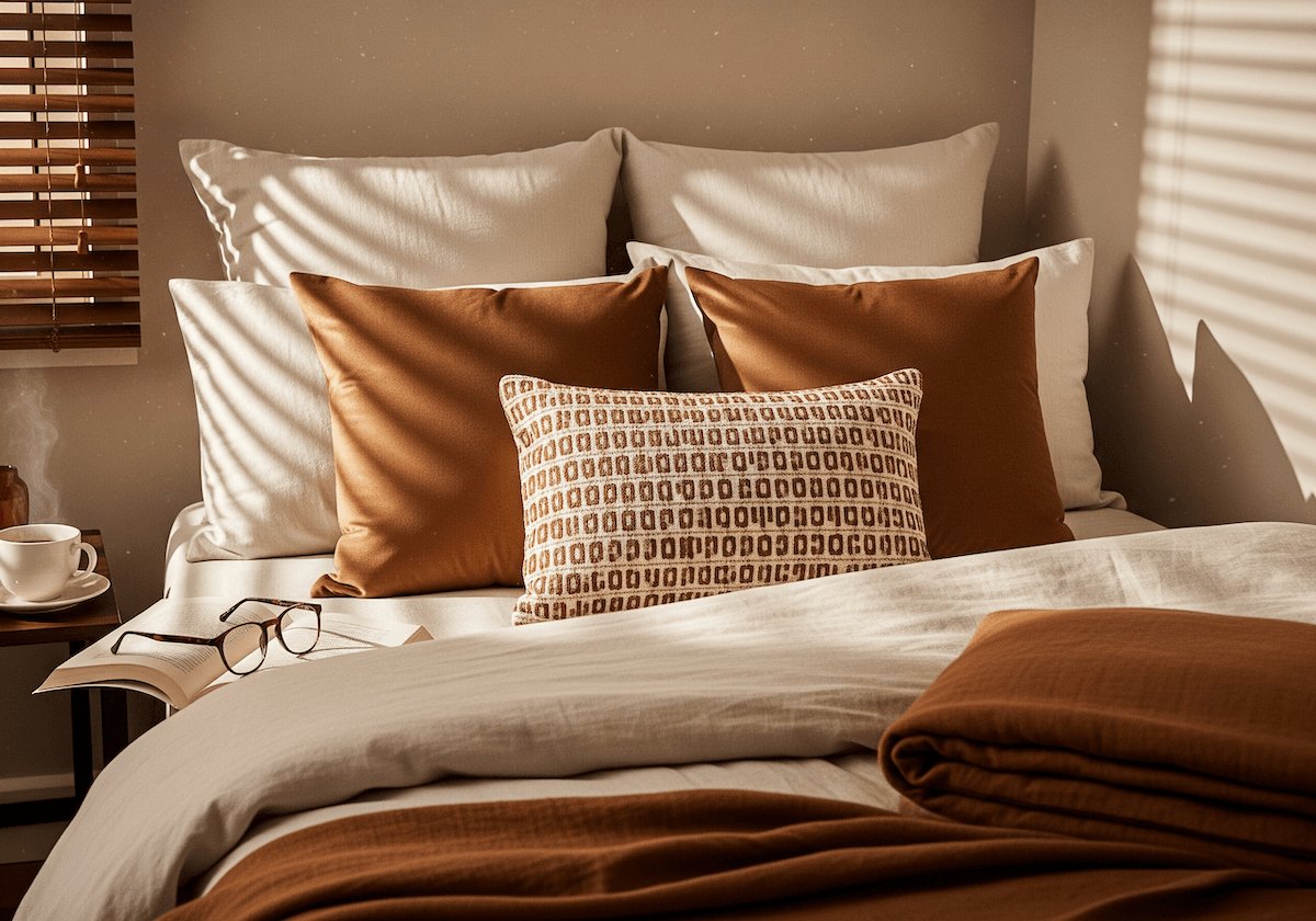 A cozy bedroom with a minimalist pillow arrangement in layered textures and warm neutral tones, showing how to style pillows for a balanced and elegant bed design.