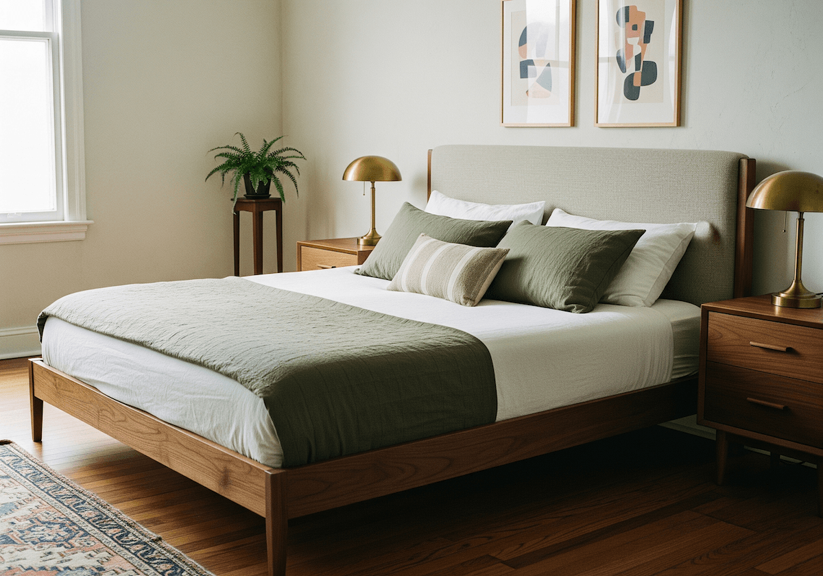 A mid-century modern bedroom with a perfectly proportioned upholstered headboard and matching wooden frame, illustrating balanced bedroom design and headboard styling tips.