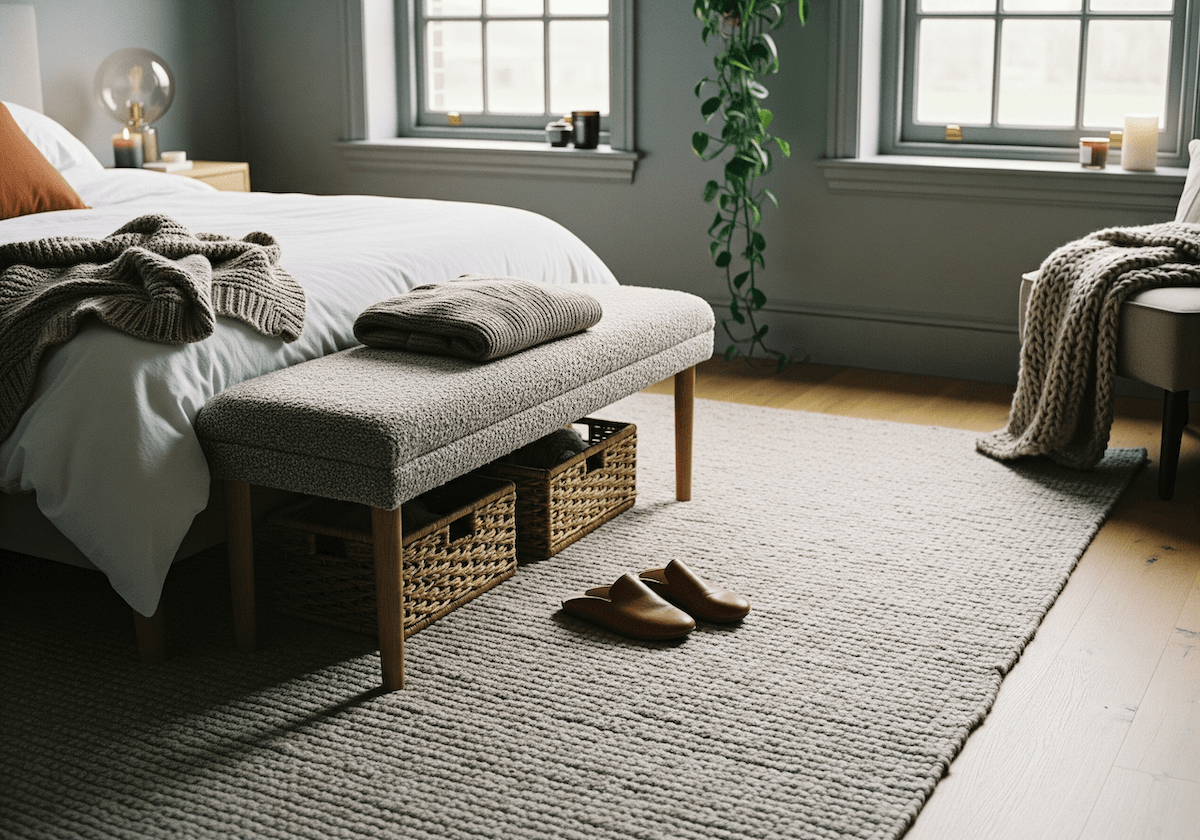 A realistic 2025 bedroom with a textured rug under the bed, boucle bench, and layered decor — an example of styling around the bed for a complete and cozy bedroom look.