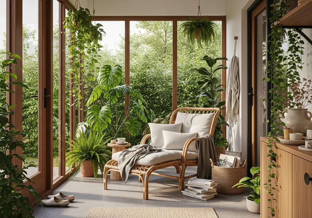Bright sunroom with indoor plants, rattan chair, and natural materials showing 2025 biophilic design trend.