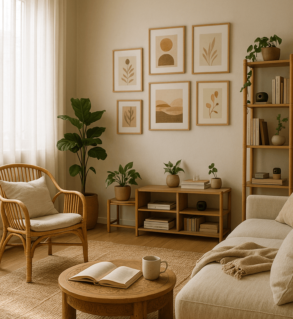 Cozy bohemian living room with patterned cover on robot vacuum, layered rugs, rattan furniture, plants, and hidden smart camera in bookshelf