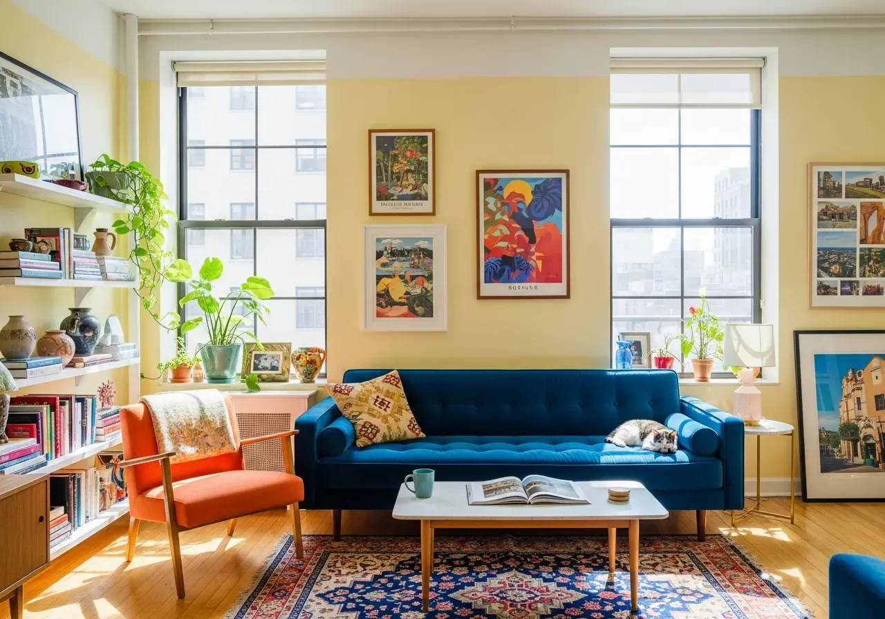 Brooklyn apartment living room with blue sofa and yellow walls showcasing bold color palette trend for 2025.