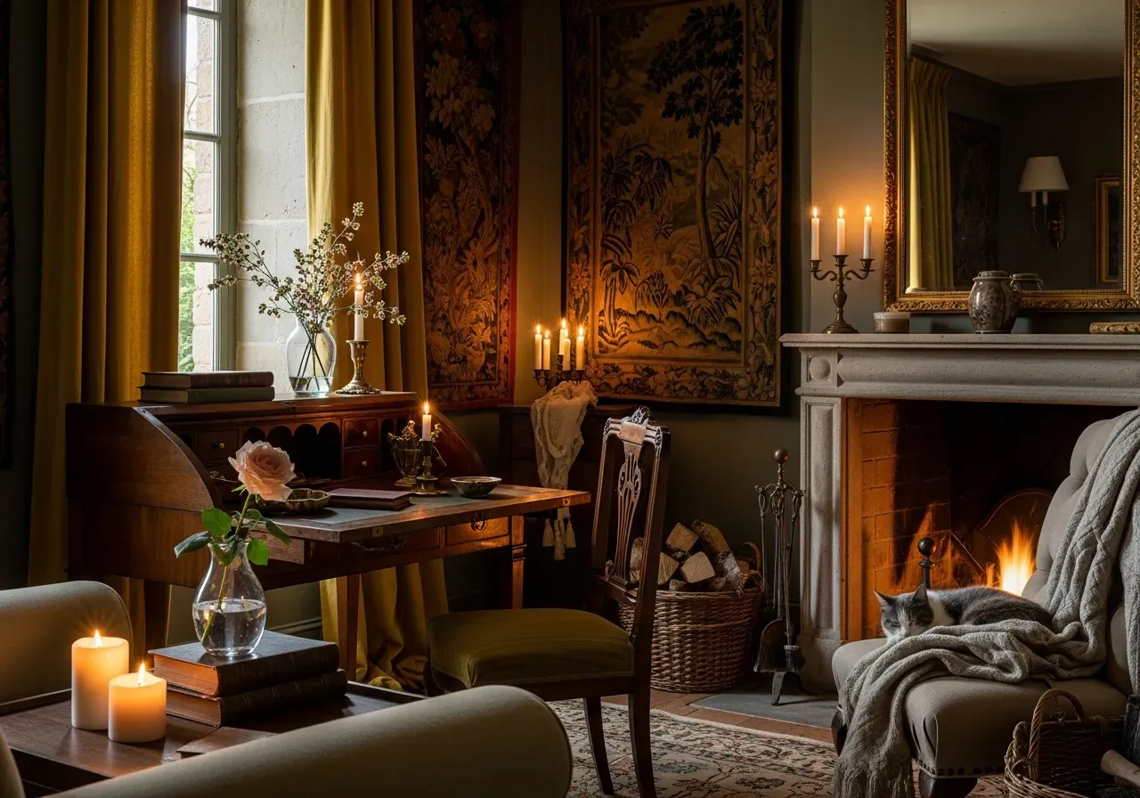 Romantic stone cottage living room with velvet drapes and vintage decor showing 2025 castlecore trend.