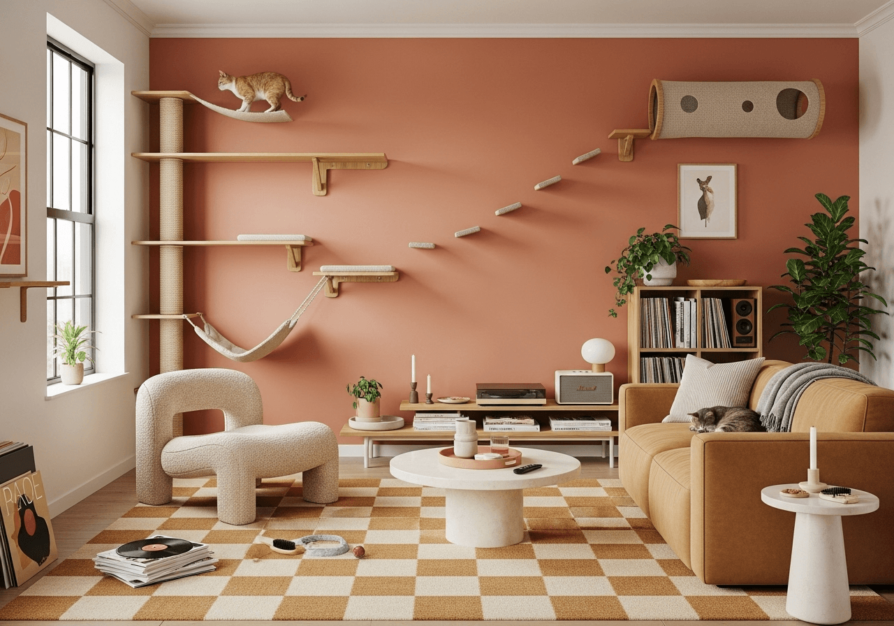 Modern living room with cat skywalk shelves and organic 2025 interior design trends for pet-friendly homes
