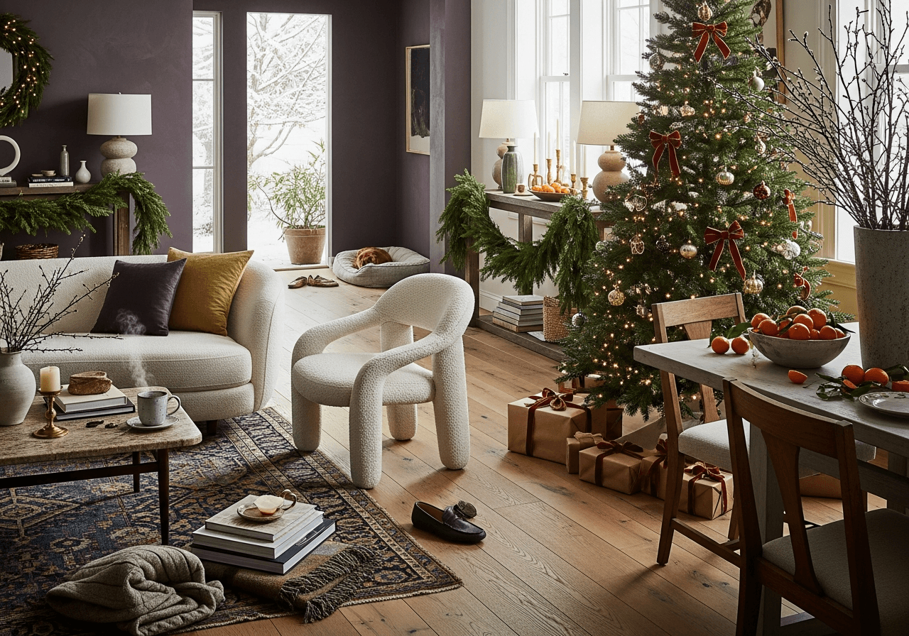 Designer living room featuring a Christmas tree decorated with oversized velvet bows, layered neutral furnishings, and warm, lived-in holiday styling.
