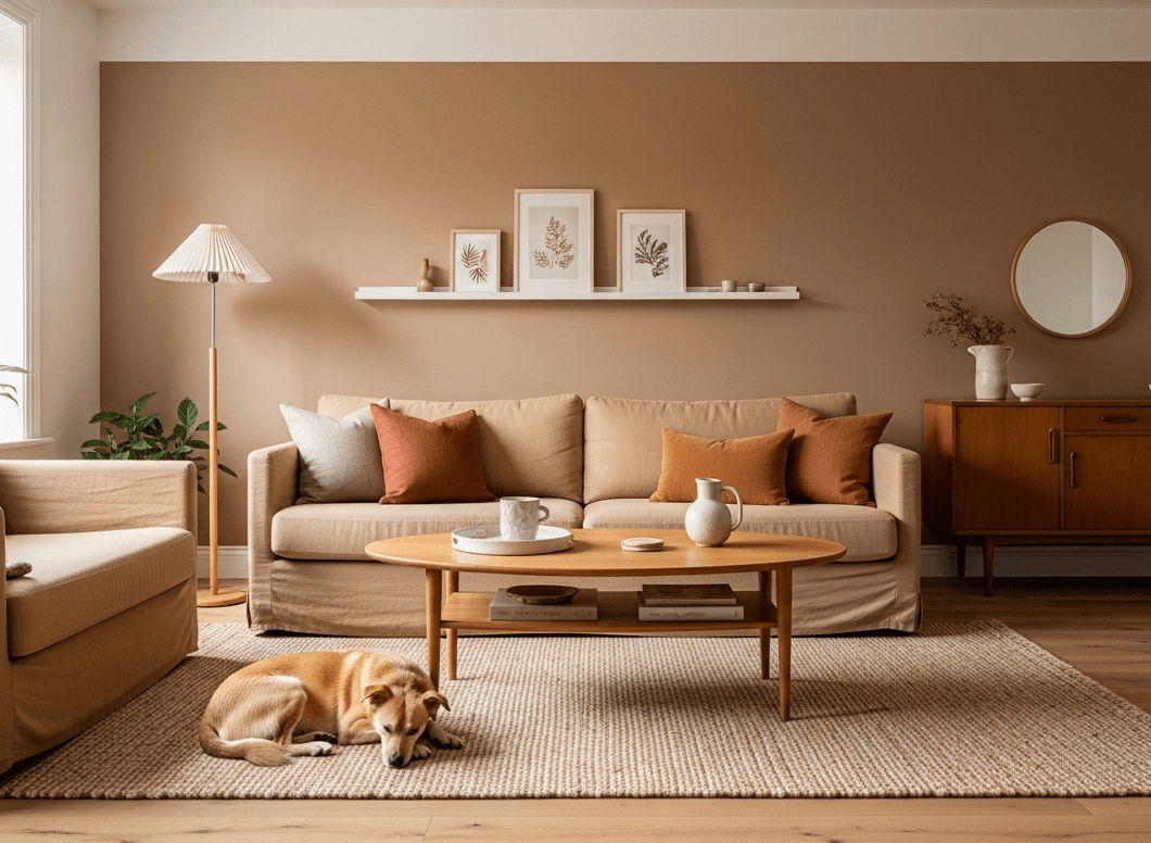 Cozy living room matching dog’s fur color with warm neutral decor and layered textures for realistic pet-friendly interior design