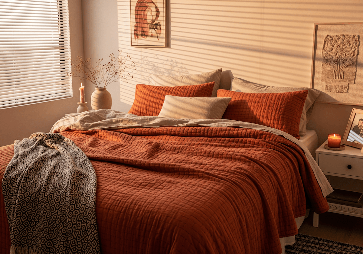 A cozy, lived-in bedroom with a bold terracotta comforter, layered textiles, and warm lighting — demonstrating how to use bedding color to elevate your bedroom decor in 2025.