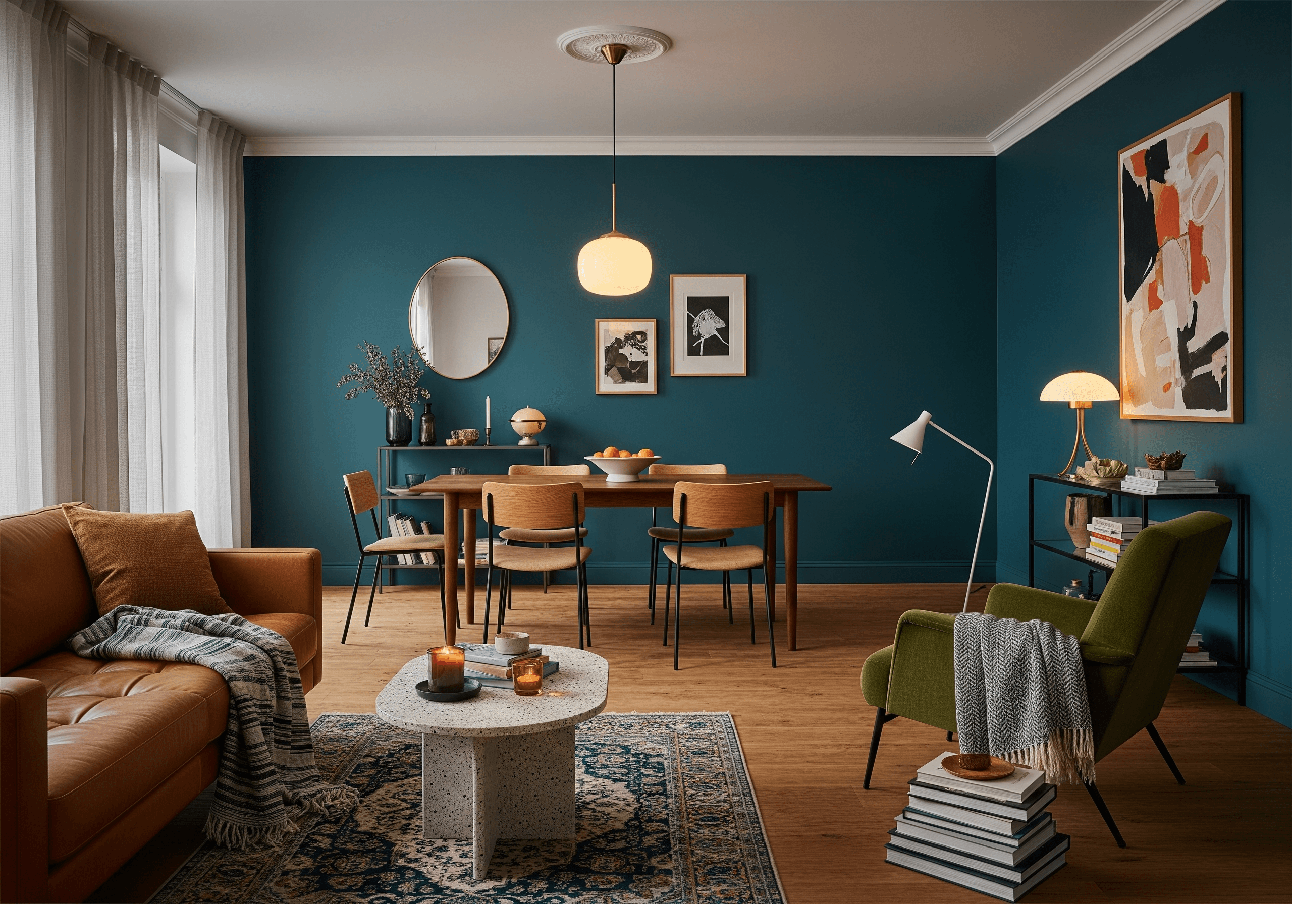 Layered ambient, task, and accent lighting in a stylish living–dining room showcasing the types of lighting in interior design with realistic indoor lighting ideas.