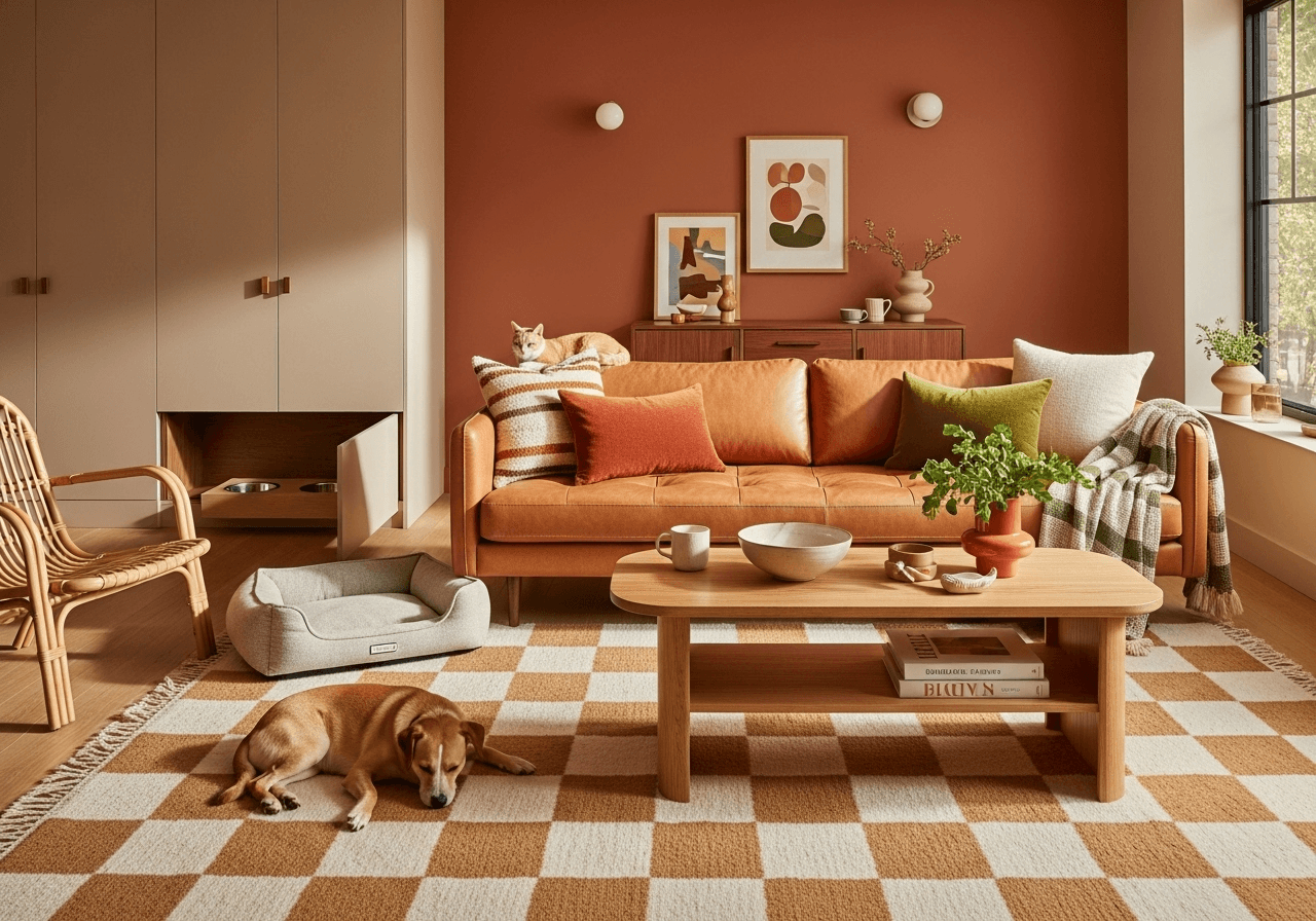 Pet-friendly living room with modern decor, dog on rug, and stylish 2025 interior design ideas for homes with pets