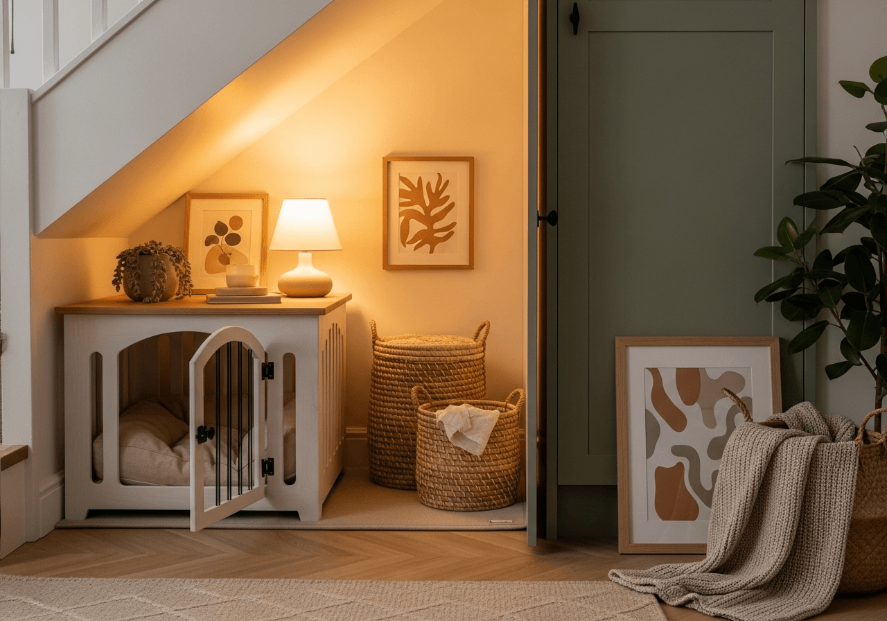 Under-stair pet den design with built-in storage and cozy dog nook for stylish and functional pet-friendly homes