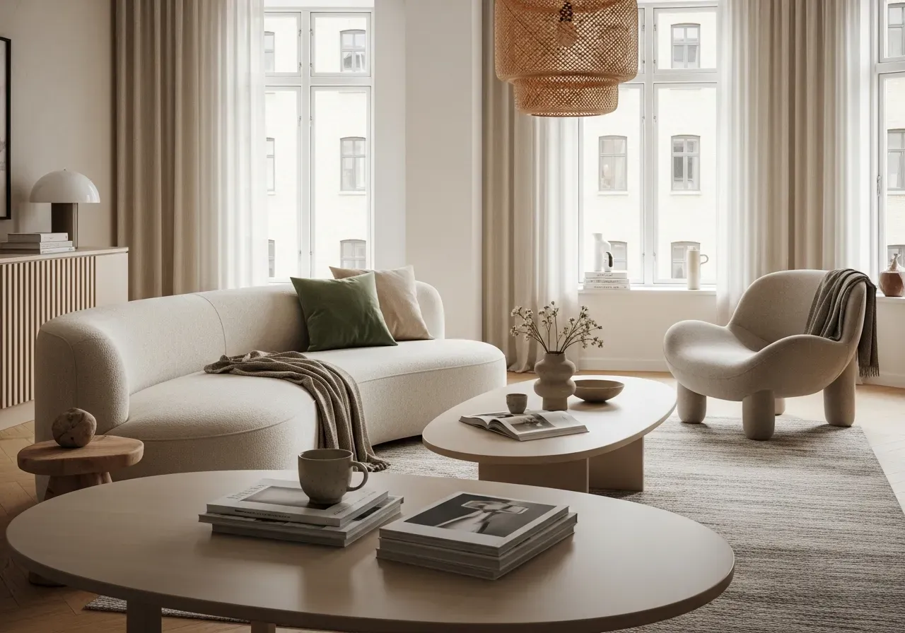 Scandinavian apartment living room with curved sofa and organic furniture shapes showing 2025 interior design trend.