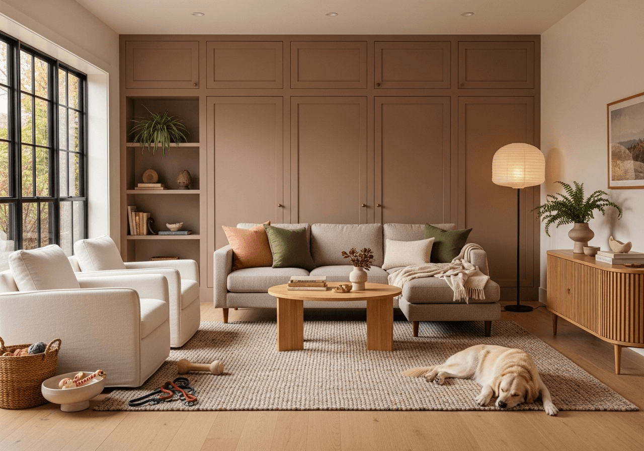 Pet-friendly living room with durable stain-resistant materials, hardwood floors, and cozy Japandi style interior design