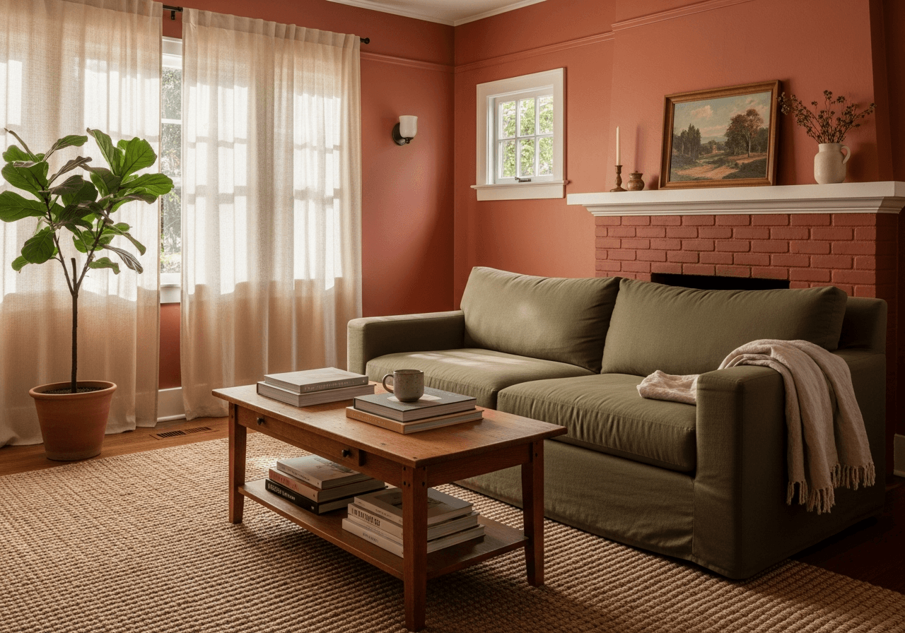 Warm earth-tone living room with terracotta walls, olive sofa, and wood accents showcasing 2025 interior design trend.