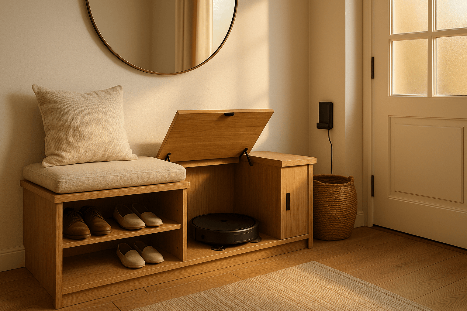 Entryway with built‑in storage bench hiding robotic vacuum and mop, shoe storage, charging station, and warm oak cabinetry