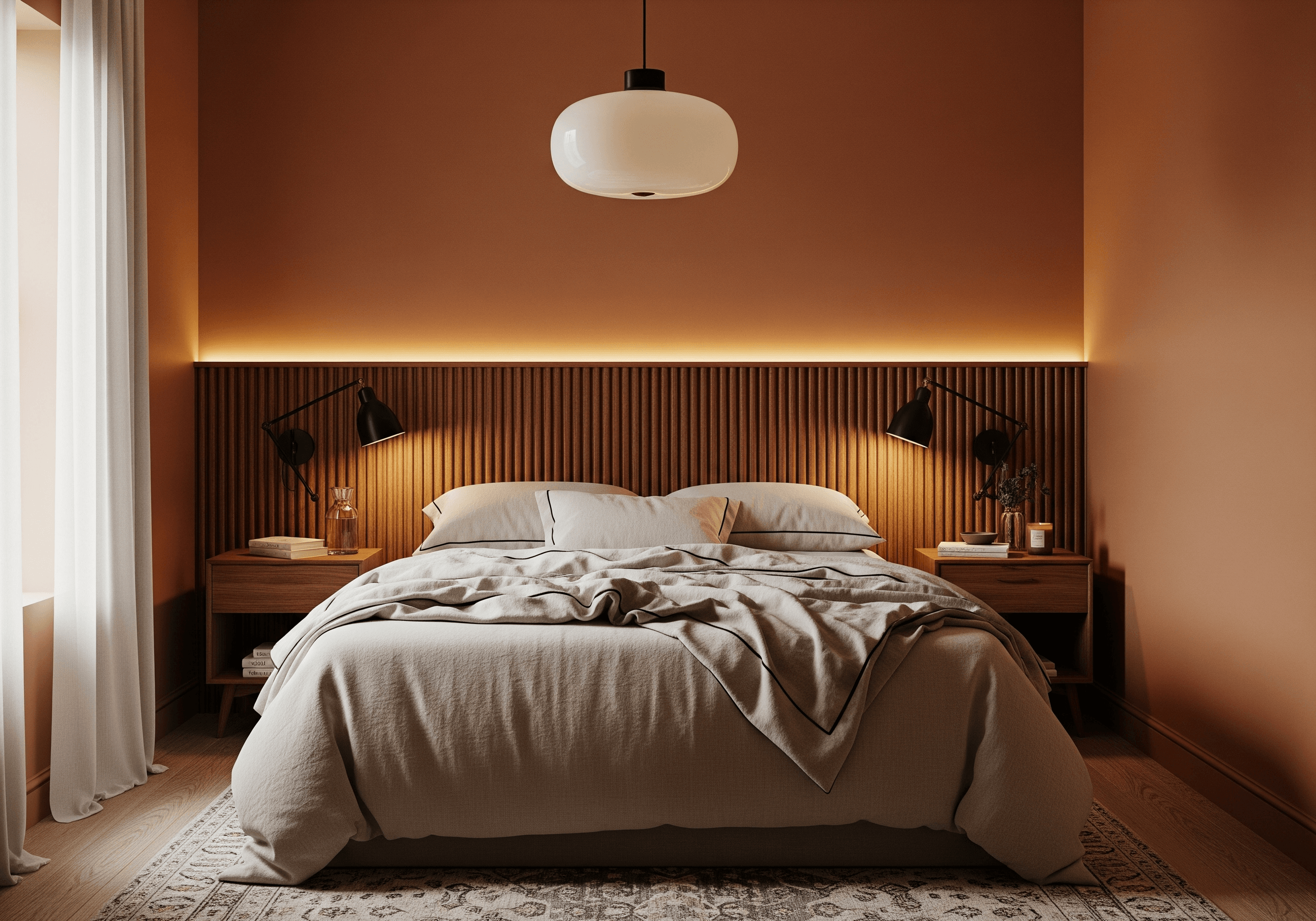 Bedroom with ambient pendant, task sconces, and a soft accent backlight exemplifies layered lighting in interior design for a balanced, functional space.