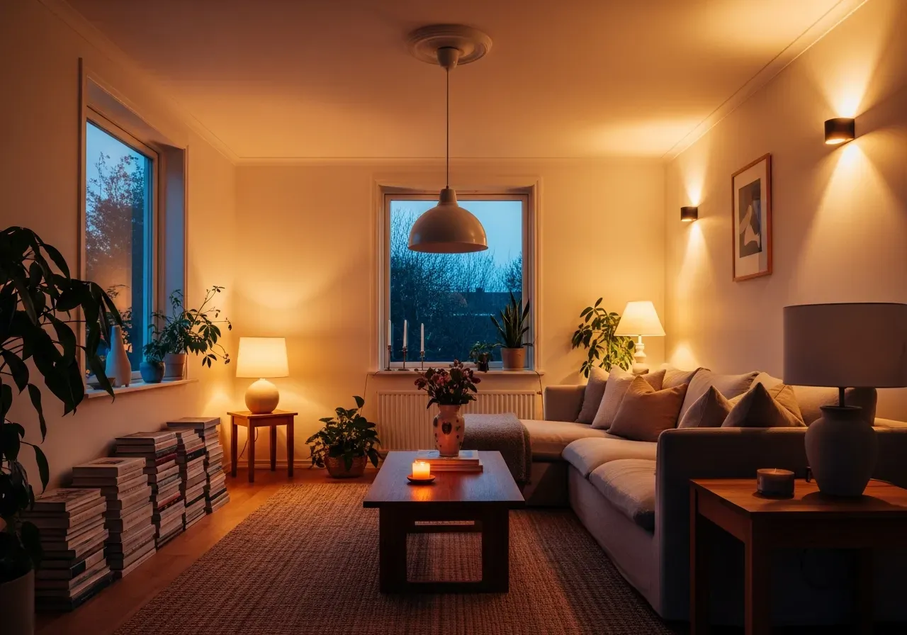 Modern living room at dusk with layered lighting from lamps, sconces, and pendants showing 2025 lighting design trend.