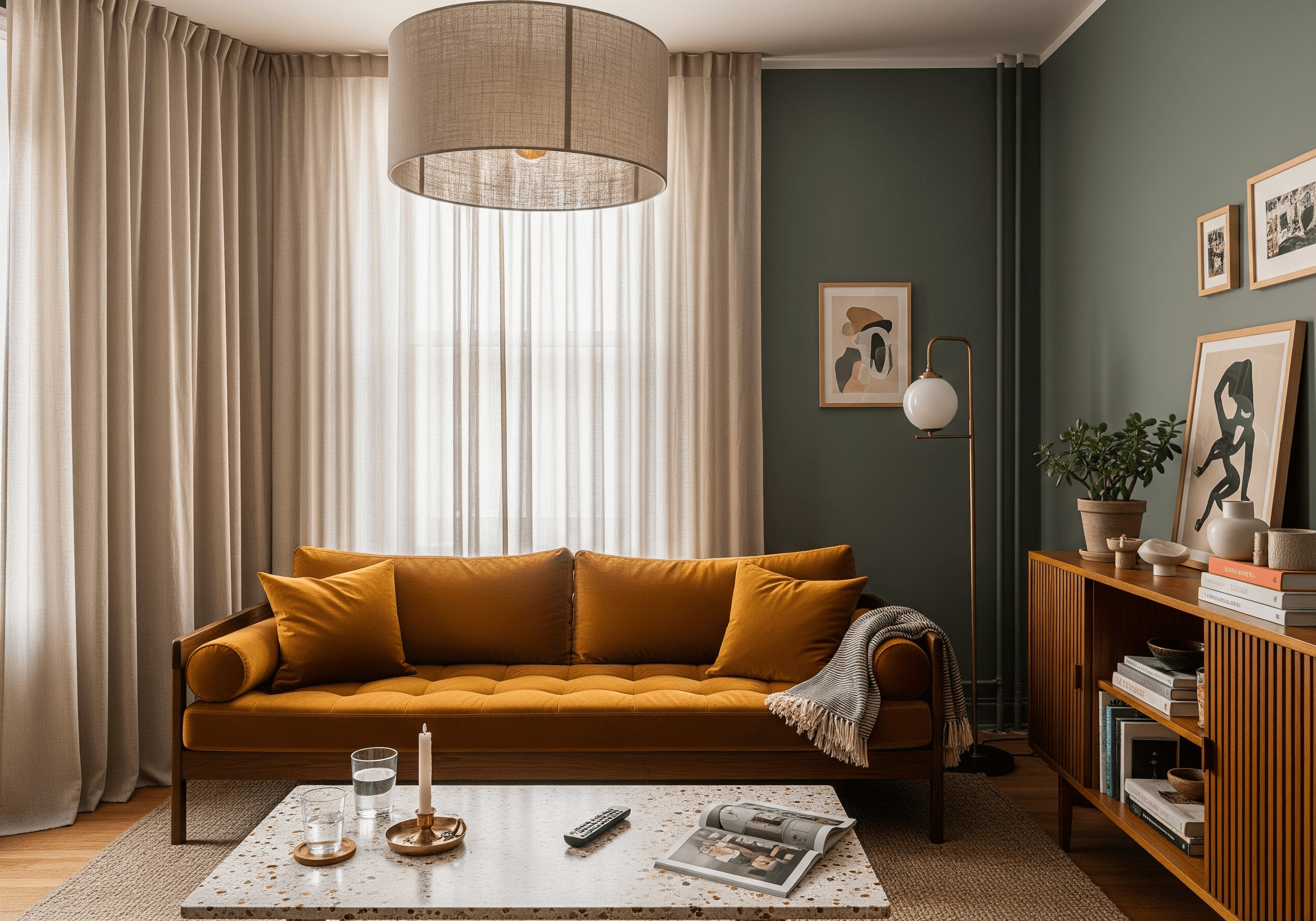 Late-afternoon living room mixing daylight with 2700K–3000K bulbs to demonstrate lighting in interior design, color temperature (Kelvin), and high-CRI accuracy.