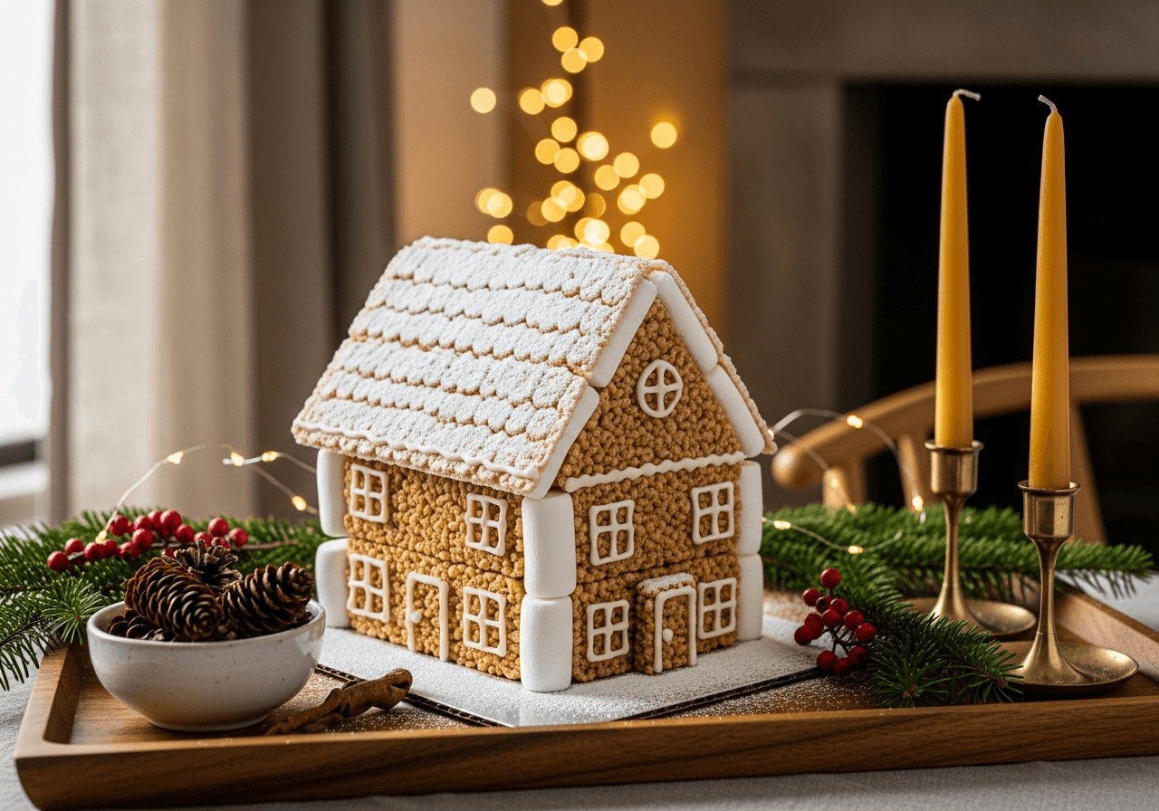 Close-up holiday vignette featuring a handcrafted marshmallow house centerpiece styled with evergreens, candles, and warm winter décor.