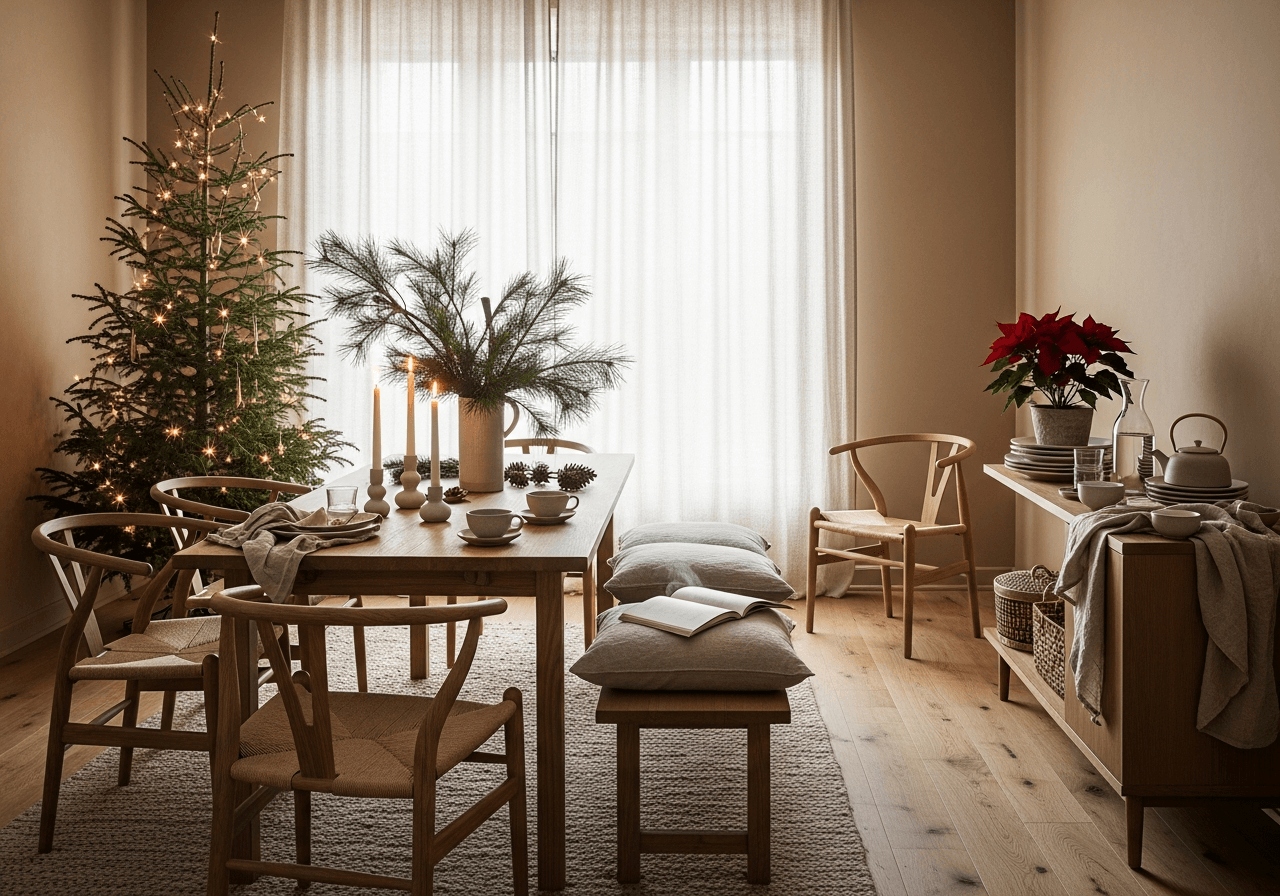 Japandi dining room with an undecorated natural evergreen tree, organic greenery, limewash walls, and warm minimalist holiday accents.