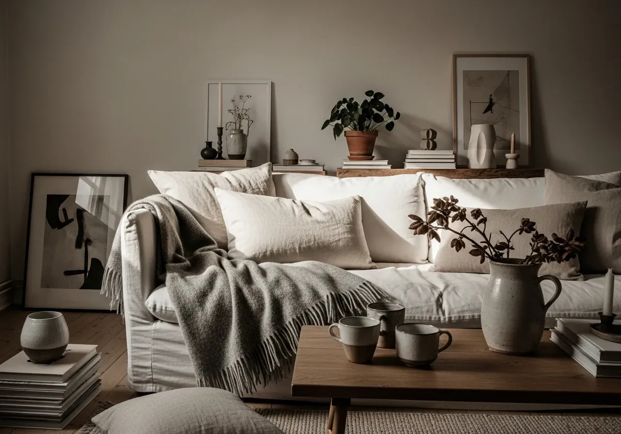Minimalist living room with linen sofa, neutral palette, and cozy textures showing 2025 warm minimalism trend.