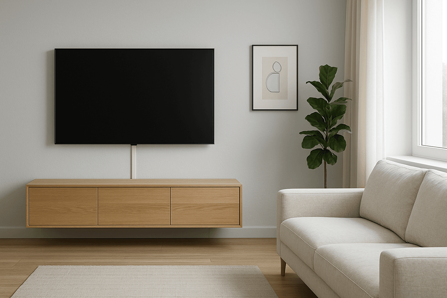 Minimalist Scandinavian living room with wall‑mounted flat‑screen TV, hidden cable management, oak media console, and tall indoor plant