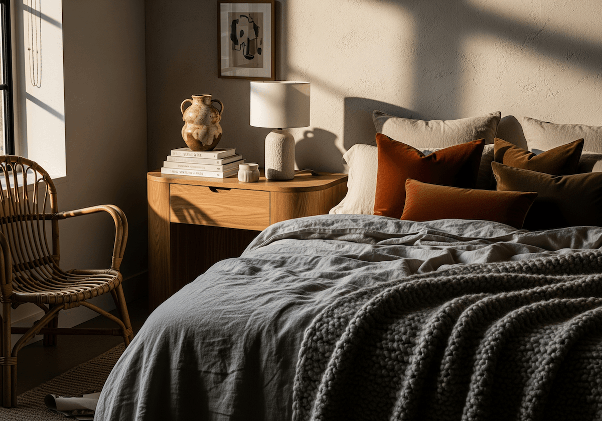 An organic modern bedroom mixing linen, velvet, wool, and rattan materials to add depth and warmth, highlighting 2025 texture and layering trends in bed styling.